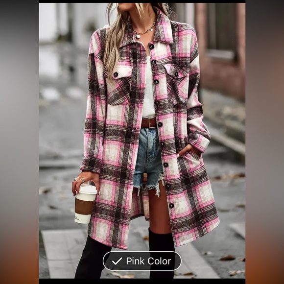 Jackets & Blazers - Oversized plaid pink flannel. button down. Longer length. Cuff-able sleeves